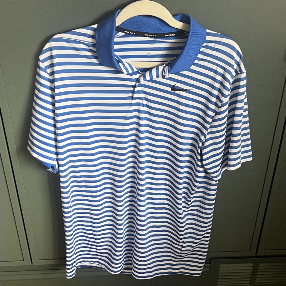 Nike Men's White and Blue Striped Polo